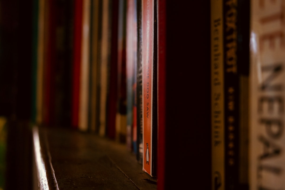 a row of books sitting on top of a wooden shelf