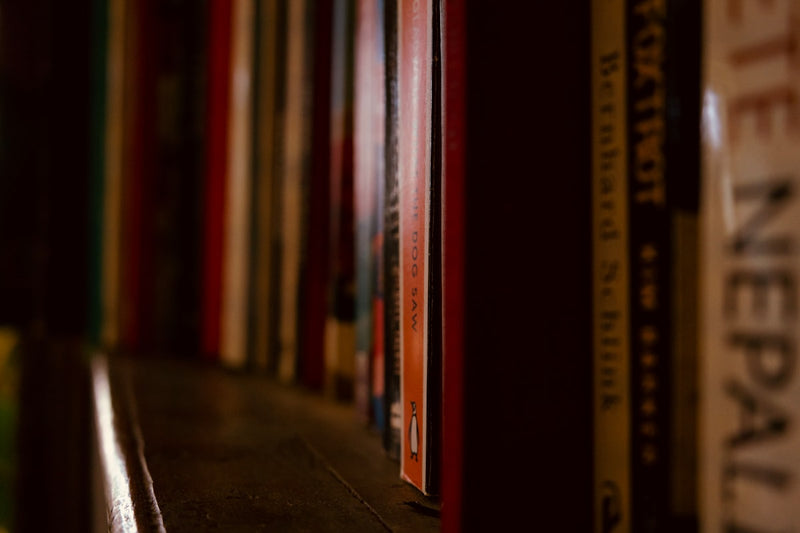a row of books sitting on top of a wooden shelf