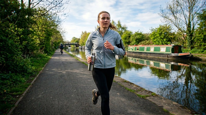 Woman running along UK canal towpath in sunshine with KōJō bottle